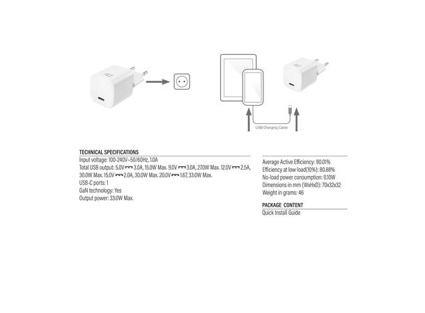 ACT Universal USB-C  lader 30W ¤ 1x USB-C 20V/ 1,67A, 30W Power Delivery 