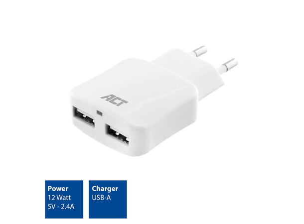 ACT Universal USB lader 2-Port ¤ 2xUSB 2.4A, 12W 