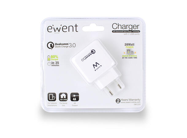 ACT Universal USB lader 2-Port 2xUSB 4A Quick Charge 3.0 