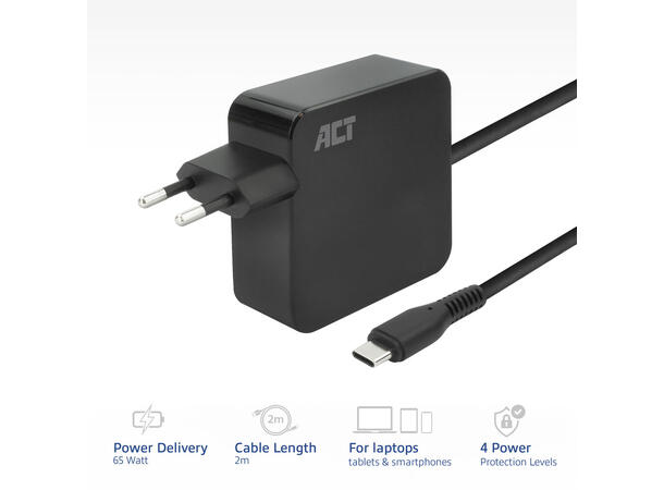 ACT USB-C vegglader PD 65W 2 m 